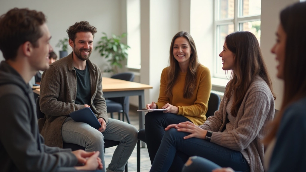 Studentengroep die Nederlands spreken en oefenen met werkwoorden in een conversatiecirckel