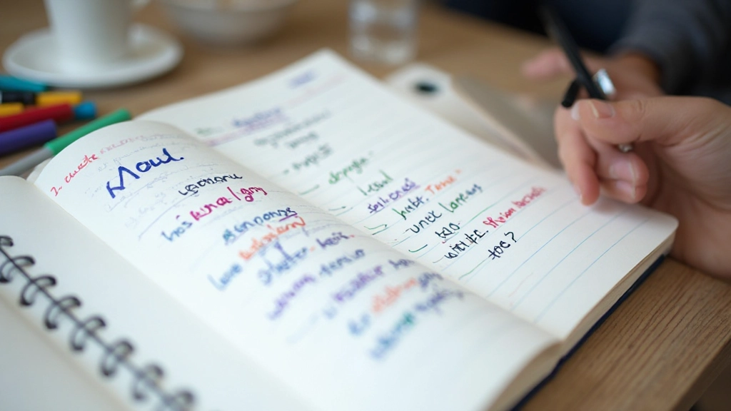 Notitieboekje met Nederlandse werkwoord conjugaties opgeschreven en gemarkeerd met kleurenpennen