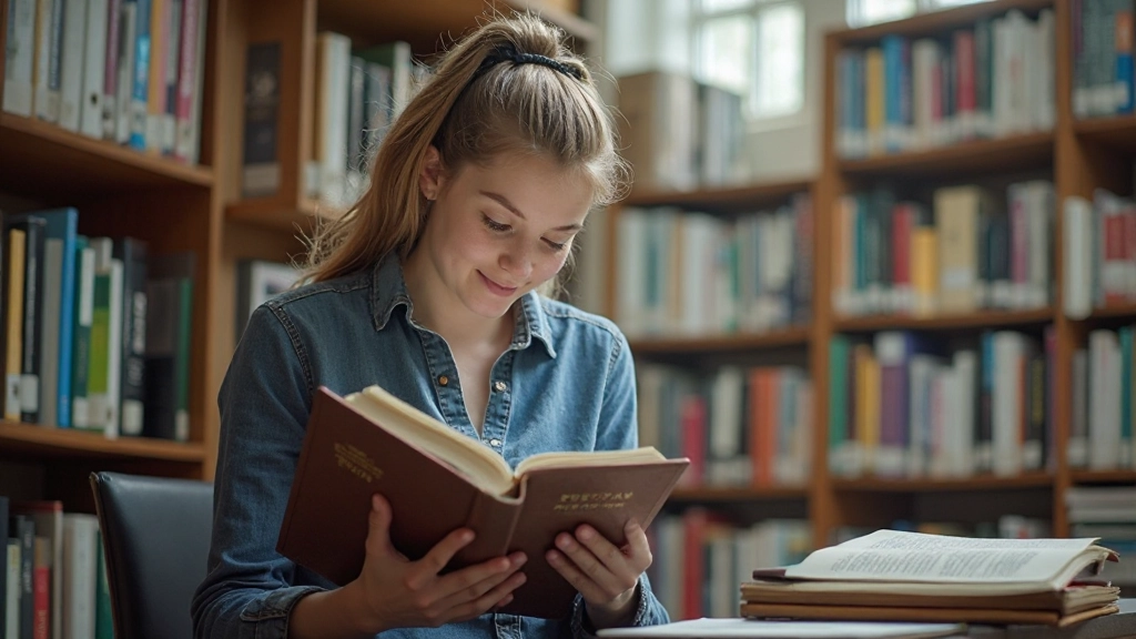 Leerling leest Nederlands grammatica boek met aandachtige concentratie in bibliotheekzetting