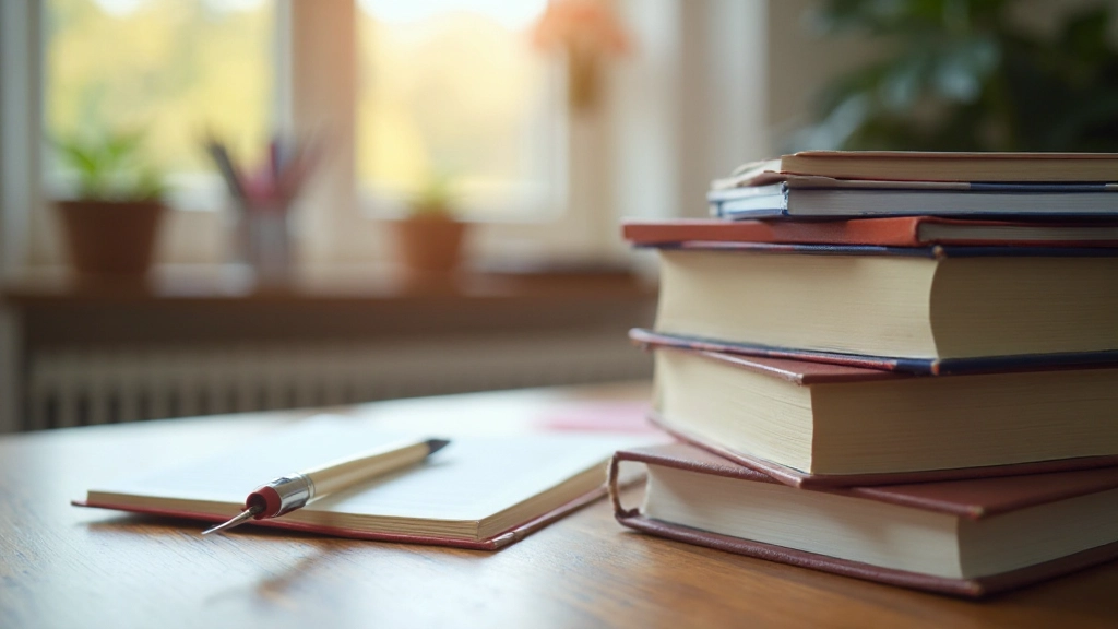 Schrijftafel met grammaticaboeken, notitiebookje en pen in Nederlands klaslokaal omgeving