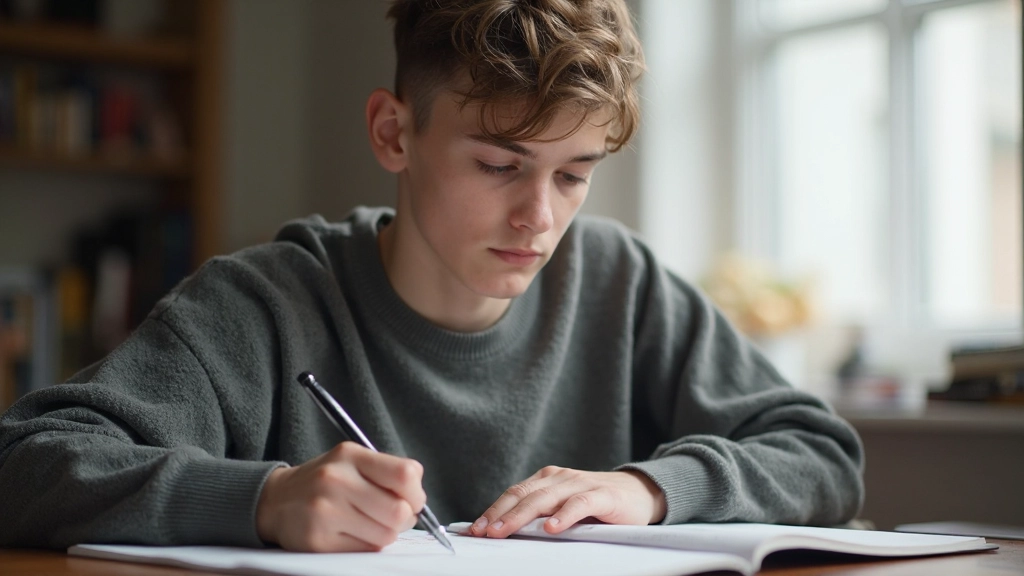 Student zit aan bureau en schrijft Nederlandse zinnen op papier met concentratie, notitieblok vol met oefeningszinnen en grammaticaregels